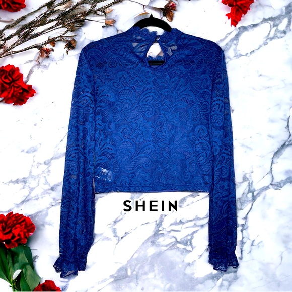 SHEIN Privé Guipure Lace Insert Flounce Sleeve Blouse- Small - Picture 7 of 8